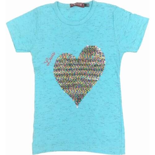 ÇKT-6406 Girl Kids Turquoise Double Way Change Color Sequin Heart T-Shirt 430411598