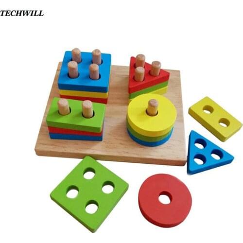 Childrens Creative Educational Building Blocks Toys Wooden Pillars Blocks Toys For Baby Geometric Assembling Blocks Gift Supply