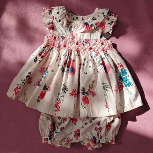 2021 Summer baby girl vintage floral smocked dress kids embroidered cotton two sets princess dress