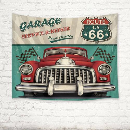 Route US 66 Garage Red Car Tapestry Wall Hanging Living Room Custom Dorm Decor