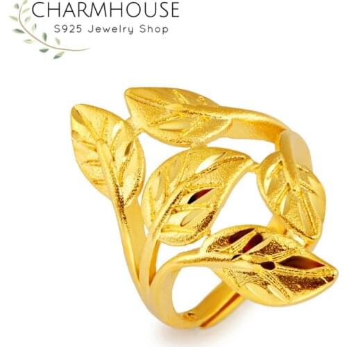 Charmhouse Pure Gold Color Rings for Women Yellow Gold GP Leaves Finger Ring Adjustable Bague Femme Anillo Wedding Band Jewelry