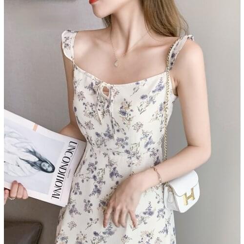 Ruffles Summer Dress for Women Floral Sling Sleeveless New Korean Chic Clothing Fashion Sundress High Waist Dresses Vestidos