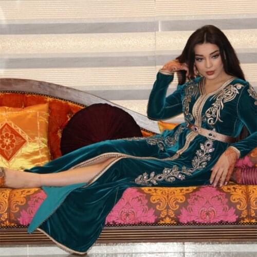 Moroccan Kaftan Evening Dresses Appliques Beaded High Split Long Prom Gown Dubai Arabic Muslim Mermaid Gowns vestido de festa