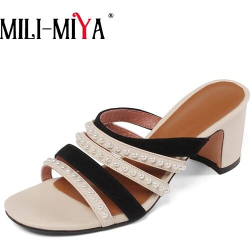 MILI-MIYA Elegant Pearl Decoration Summer Thick Heel Sandals Sexy Open Toed Slippers High Quality Comfortable Party Wedding Shoe