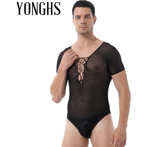 Men Erotic Lingerie Catsuit See-through Mesh Deep V Neck Leotard Crisscross Lace-up Front Short Sleeve Sheer Slim Fitted Bodycon
