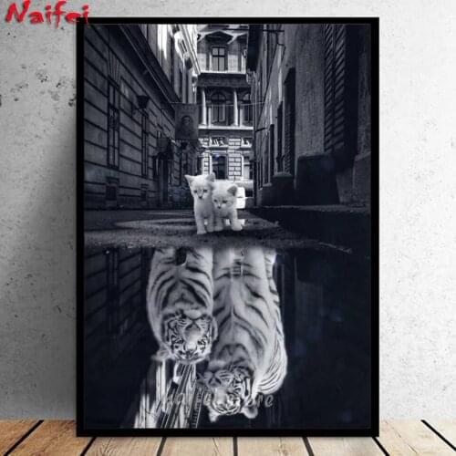 Couple Cats Reflected Tigers Animal Diamond Art Decorative Painting Posters Full Diamond Painting Pictures for Living Room Decor