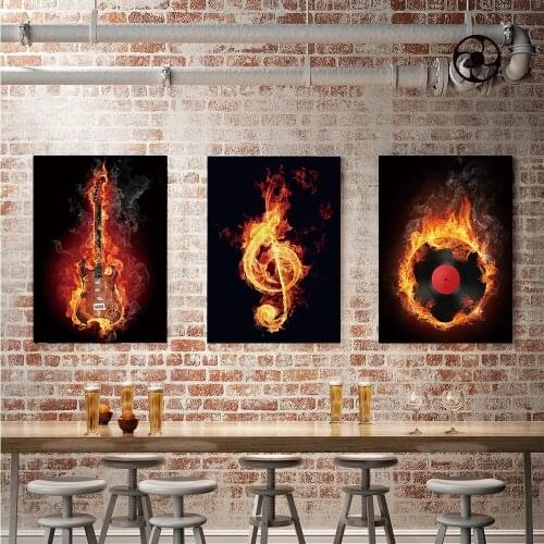 Guitar Notes and Records In Flame Posters and Print Rock Music Guitarist Canvas Painting Club Bar Shop Wall Decoration Pictures