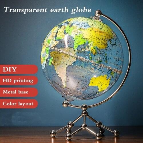 20/25cm Transparent Globe Large Size Earth Globe Map HD Printing Metal Base Globe Floating DIY Ornament Geography Educate Decor