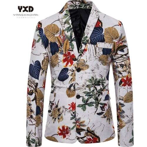 Plus Size 4XL Brand New Casual Slim Fit Mens Suit For Man Suit Jackets Ethnic Printed Man Blazers Linen Cotton Flower Costume