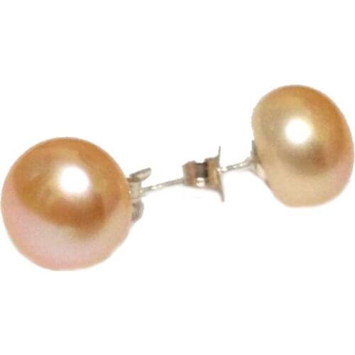 11-12mm Natural Pink Cultured Freshwater Button Pearl 925 Sterling Silver Earring