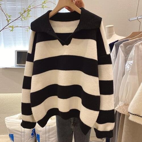 Striped Knitted Women Sweater Pullovers Winter New 2021 Turn-Down Collar Long-Sleeved Loose Thicken Warm Female Pulls Outwears