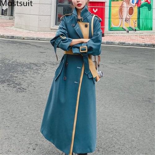 Fashion Elegant Vintage Women Long Trench Coat 2020 Autumn Long Sleeve Double-breasted Belted Korean Ladies Maxi Coat Mujer