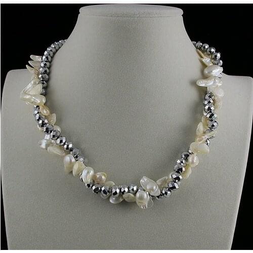 Unique Pearls jewellery Store,Gray Crystal White Genuine Freshwater Pearl Necklace 2Rows,Real Pearl Woman Jewelry
