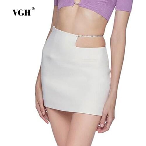 VGH White Hollow Out Bodycon Skirt For Women High Waist Patchwork Chain A Line Mini Skirts Female Korean Summer Fashion Clothing