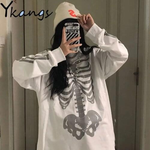 Punk Hip Hop Cartoon Skeleton Print Cotton Woman Clothes Fashion long Sleeve T-shirts Harajuku Streetwear Gothic Ladies Blouses