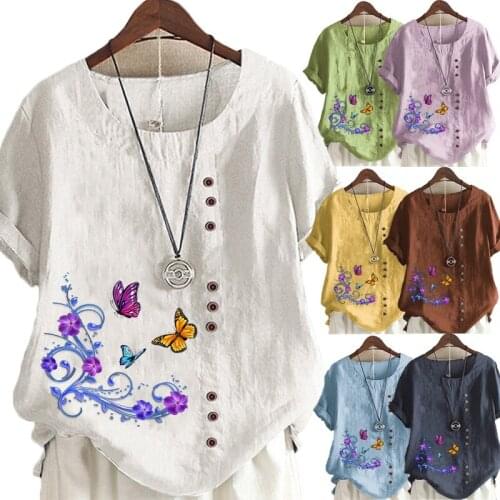 Womens Casual Butterfly Flower Printed Linen Tops Round Neck Short Sleeved Plus Size Button T-Shirt Loose Graphic Blouse