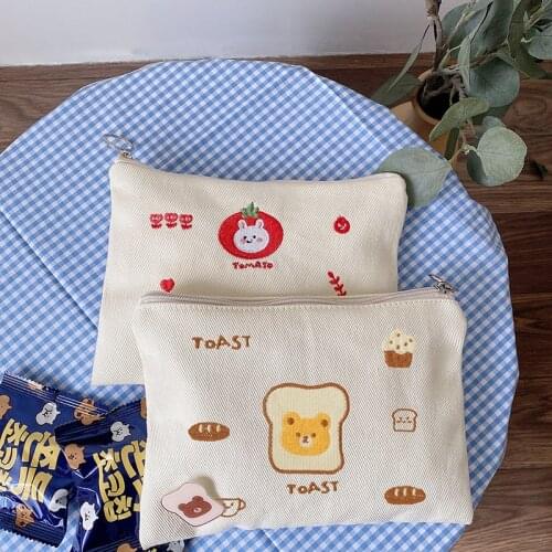 Women Canvas Cosmetic Bag Cute Embroidery Makeup Bags Girls Lovely Cloth Wallet Cotton Zipper Purse Storage Organizer Pencil Bag