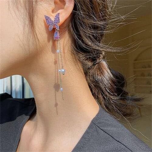 Fashion Irregular Design Crystal Butterfly Tassel Earrings For Teens Women 2021 Trend Silver Color Stud Earring Drop Ear Jewelry