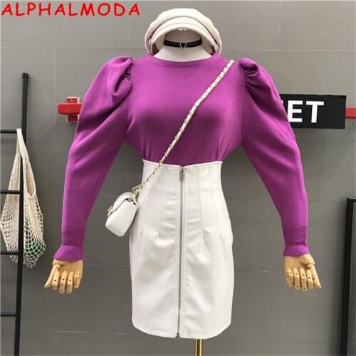 ALPHALMODA Women Winter New Sweater Top Lantern Sleeve Pullovers Knitted Jacket Female Autumn 2019 New Jumper with Round Collar