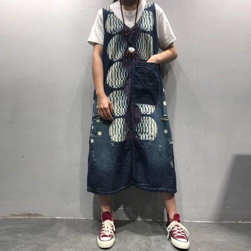 Baggy Sleeveless V-Neck Denim Dress Women Original Design dresses Big Size Printed A-Line Vestidos hip hop Ripped Hole Dresses
