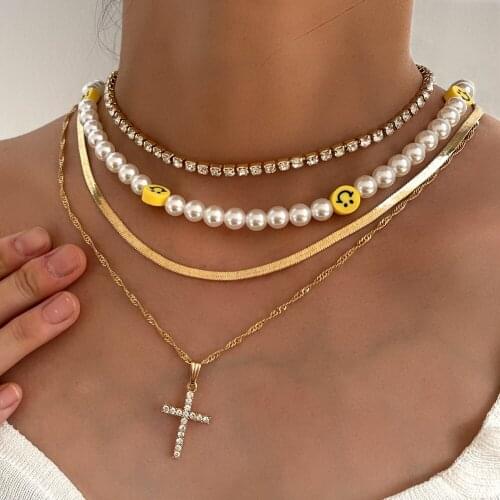 Flatfoosie Multi-layer Smiley Face Beads Choker Necklace For Women Girls Gold Cross Crystal Chain Beaded Necklace Trendy Jewelry
