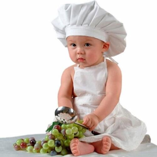 2Pcs/set Baby Chef Apron+Hat For Kids Baby White Cook Hat Girls Boys Cap Newborn Photography Props Costume For 0-12month Baby