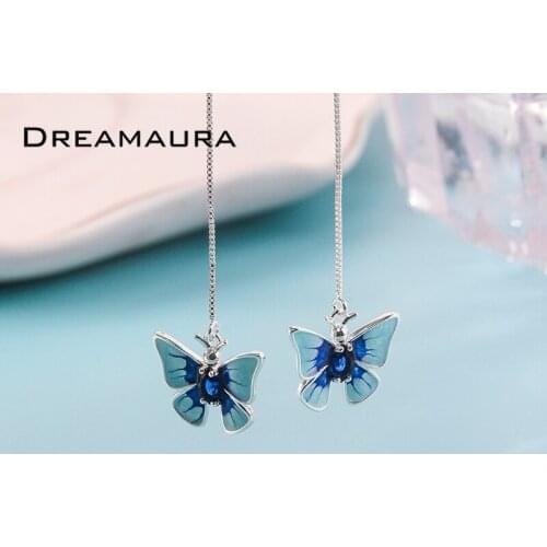 2021 New Hot Selling Korean Style Blue Butterfly Rhinestone Drop Rhodium Earrings For Women Gift