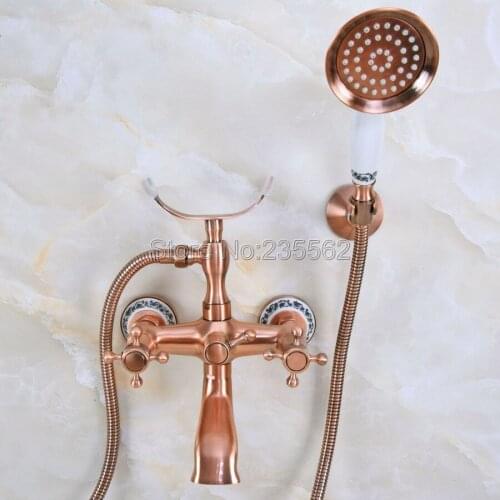 Antique Red Copper Double Handles Wall Mounted Bathroom Faucet with Handheld Shower Clawfoot Tub Mixer Tap