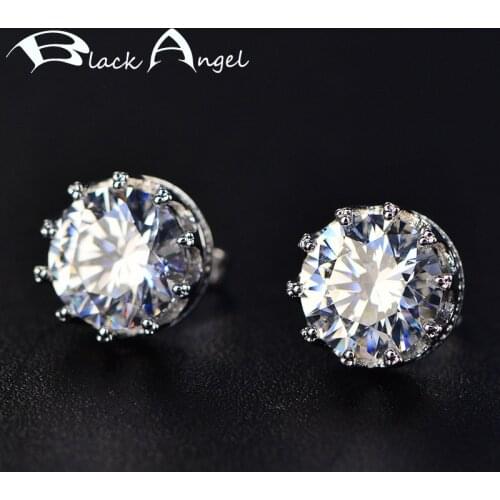 BLACK ANGEL New Lab Created Shiny White Moissanit 925 Sterling Silver Crown Stud Earrings Crystal Jewelry For Women Wedding Gift