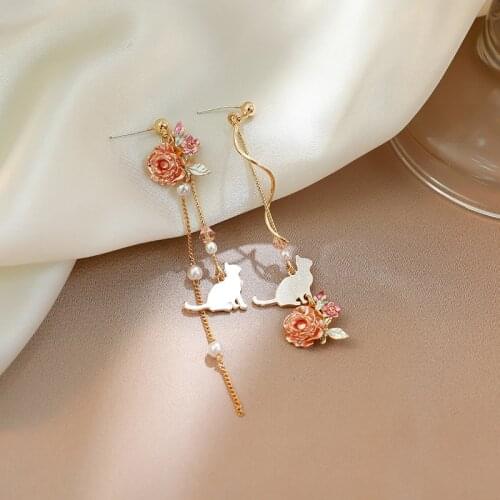 Sweet Girls Heart Elegant Flower Cat Asymmetric Long Ear Pendant Female Mori Immortal Hipster Earrings Ear Stud
