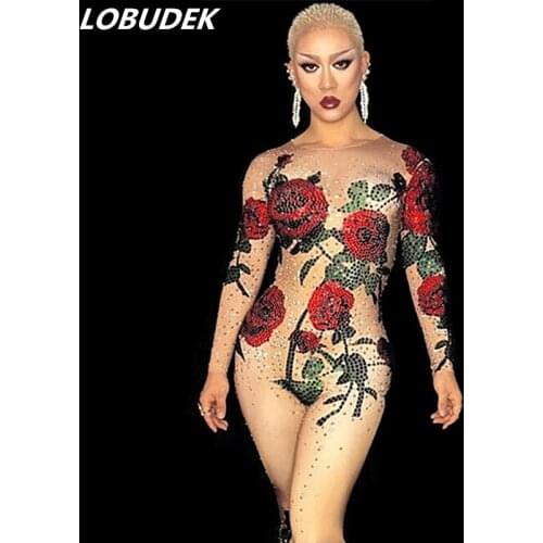 3D Flower Print Elastic Jumpsuit Sexy Nightclub Bar Party Celebration Women Stage Outfit Valentines Day Female Singer Costumes
