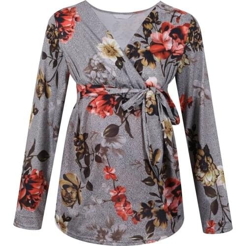 2021 Summer New Women Elegant Lace-up T-shirts Maternity Pregnancy T-shirt Ruched Floral Print Tops Maternity Casual Clothes