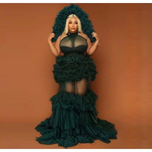 New In Green Tulle Dresses See Thru With Detahcable Hat Ruffles Sexy Women Sheer Party Dresses Plus Size Custom Made