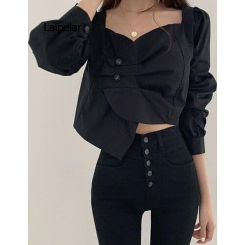High Waist Slim Fit Short Blouse Pleated Irregular Solid Autumn Spring Sexy Exposed Collarbone Shirt
