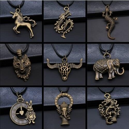 Animal Black Leather Necklace Elephant Wolf Dragon Horse Gecko Lizard Pendant Necklace For Women Men Boy Girls