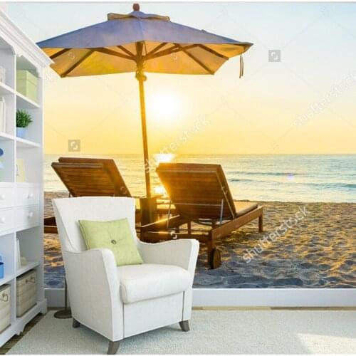 Beach wallpaper,Beach bed with sun,natural scenery photo mural for the living room bedroom store wall waterproof wallpaper