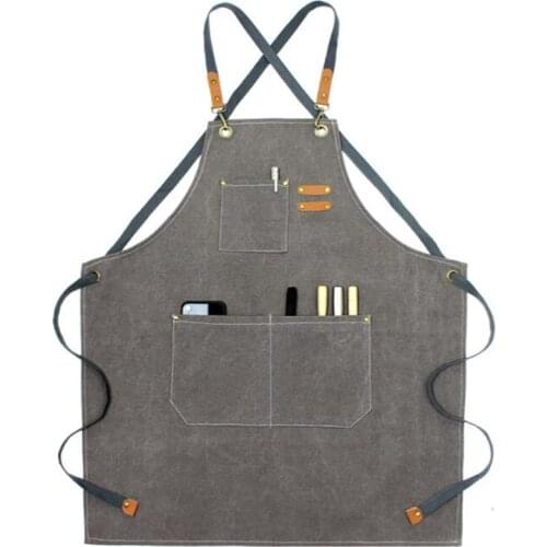 Durable Unisex Canvas Work Apron with Tool Pockets Cross-Back Straps For Woodworking Painting Uniform Waterproof Oil-proof Apron