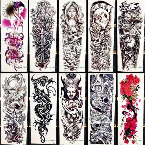 Waterproof Full Arm Tattoo Sticker Rose Skull Pray Nun Sword Buddha Pattern Body Leg Art Make Up Fake Temporary Tattoo Stickers
