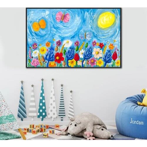 Impressions Scenery Flower Butterfly Canvas Painting Cartoon Poster Art Wall For Kids Room Decoration