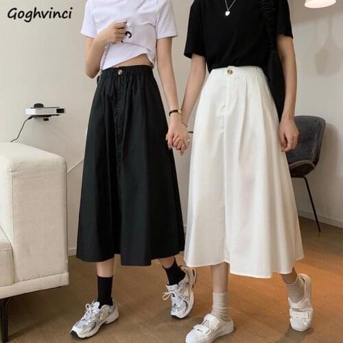 Skirts Women Solid Korean Style Simple All-match Harajuku Elastic High Waist Button Chic Fashion Spring Loose Cool Teens Casual