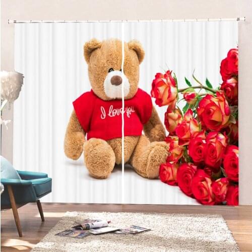 3D Teddy Bear Doll Curtains For Kitchen Bedroom Window Treatment Rose Flower Curtains For Living Room Ultra-thin Micro Shading