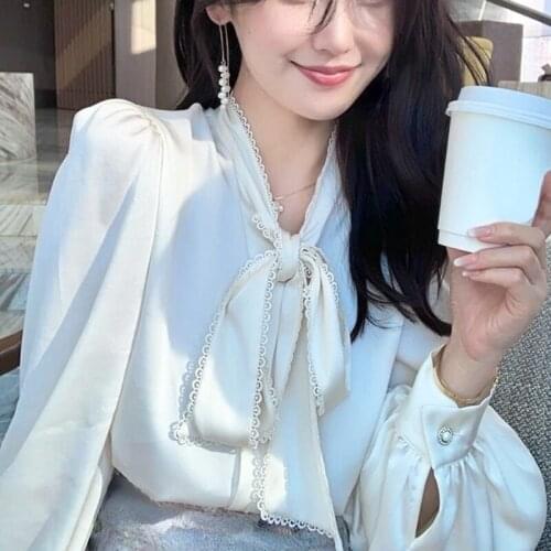 2021 Autumn Elegant Vintage Blouse Office Ladies Bow Design Long Sleeve Sweet Korean Fashion Tops Women Pure Color Shirts Chic