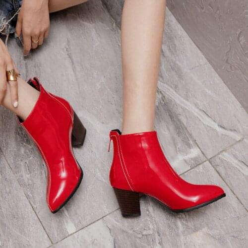 Women Ankle Boots Patent Leather High Heel Fashion Boots 2020 Pointed Toe Zipper Spring Autumn Ladies Shoes Black Beige Red 2021