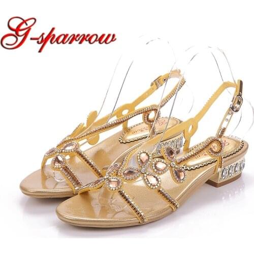 Lady Low Heel Dress Shoes Gold Rhinestone Handmade Women Summer Sandals Nice Wedding Party Shoes Ceremony Pumps