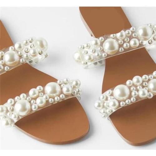 ZAR 2020 Summer New Womens Shoes With Girly Beach Shoes Casual Flat Pearl Slippers For Womens Outer Wear Luxury Plus Size 43