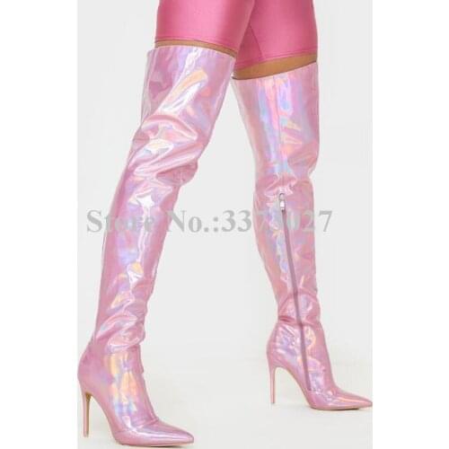 Lady Fashion Pink Thigh High Boots New Pointed Toe Stiletto Heel Over the Knee Party Boots Women Sexy Long Boots Dropship