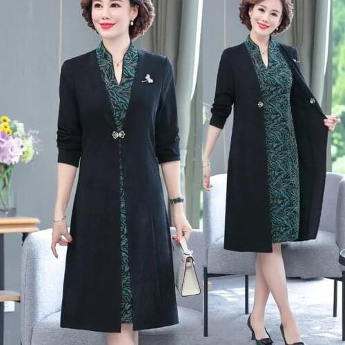 Spring Autumn Morther Dress 2021 Chinese Style Long Cheongsam Dress Middle Aged Women Fake Two Pieces Eegant Vestido XL-5XL