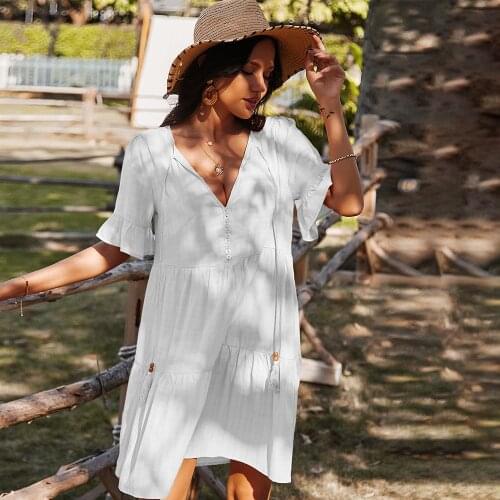 Casual Dress for Women Solid Loose Short Dresses 2021 Spring Summer Short Sleeve V-neck Mini Dress Sling Button Vestido De Mujer