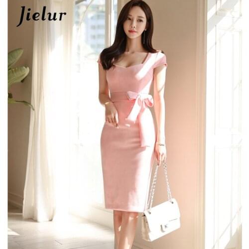 Jielur Women Dress New Solid Color Summer Dress 2021 Pink Skinny Slim Robe Femme Sexy Chic Short Sleeve Dresses Vestidos S-XL