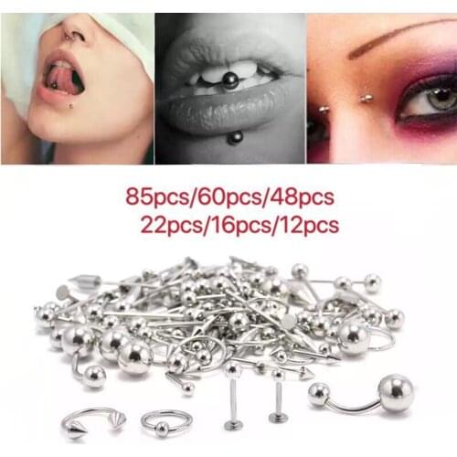 12-85Pcs Mixed Styles Stainless Steel Eyebrow Navel Belly Lip Tongue Nose Piercing Bar Ring Labret Barbell Tunnel Body Jewelry